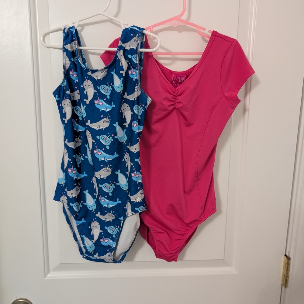$Lot Of 2 Dance Leotards- Destira Blue Narwhal And Capezio Pink With Cap Sleeves